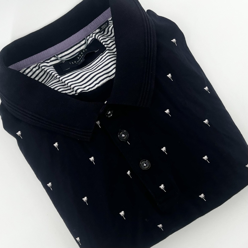 Ted Baker London Polo Shirt‎ Men's 7 XL Navy Palm Tree Embroidered